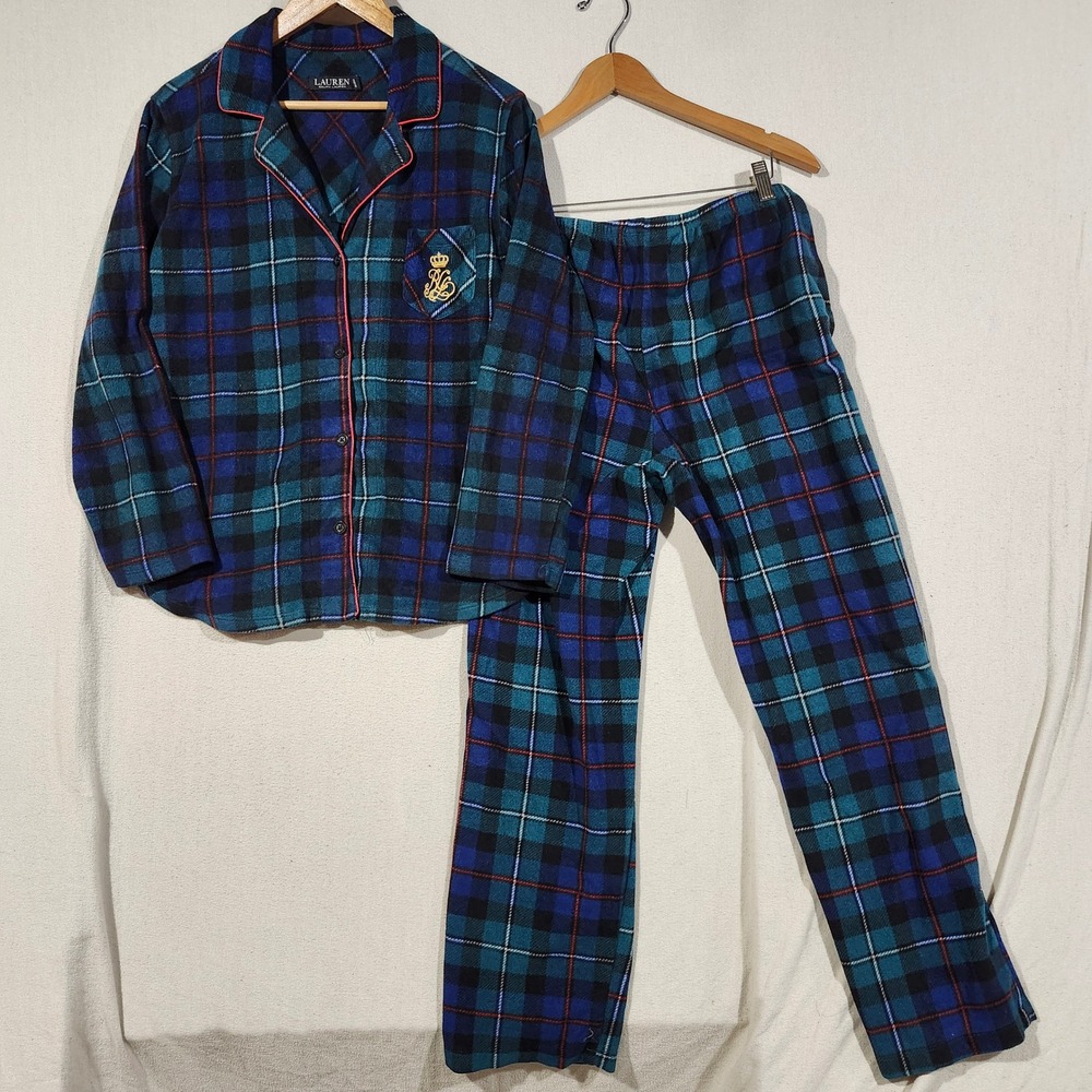 Lauren Ralph Lauren Women Large Blue Plaid Fleece Pajama Set RL Crest Crown Cozy